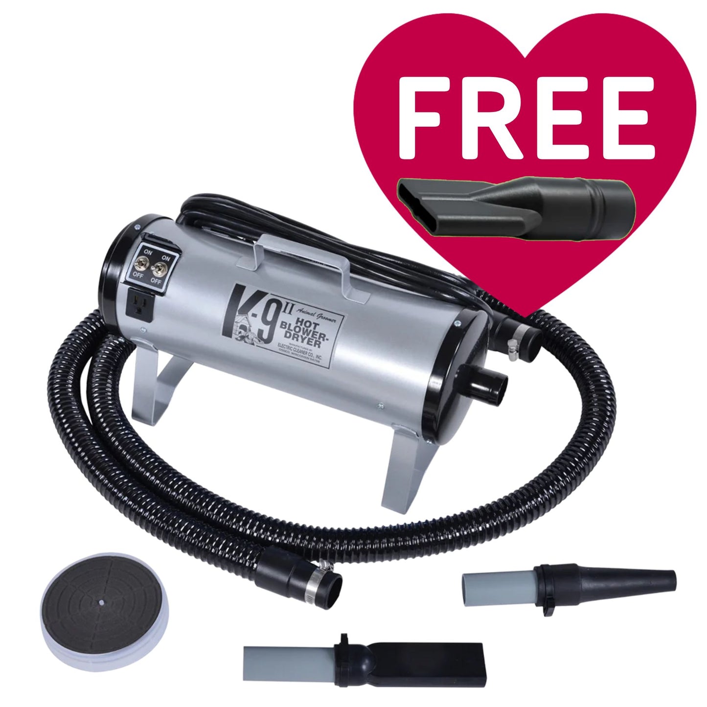 K-9 II Dog Dryer With FREE Water Peeler,"Silver dog dryer with hose, nozzles, and attachment"
