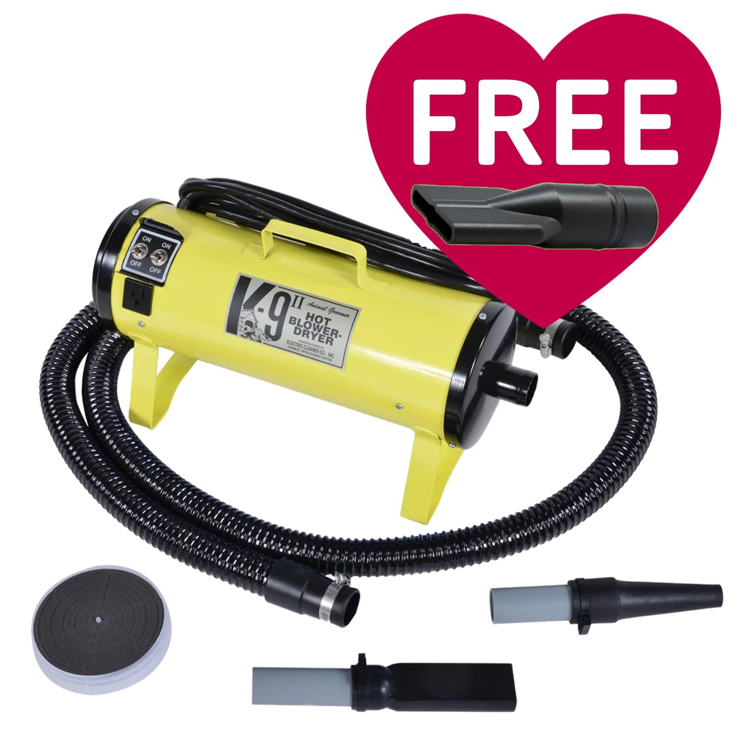 K-9 II Dog Dryer With FREE Water Peeler,"Yellow dog dryer with hose and nozzle attachments"