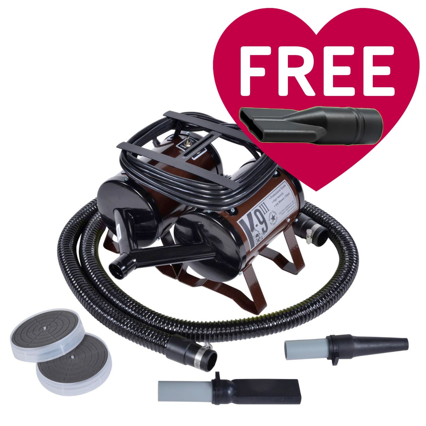 K-9 III Dog Dryer With FREE Water Peeler,"Dog dryer with coiled hose, nozzle attachments, and water peeler"
