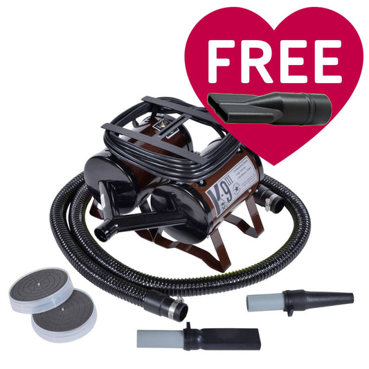 K-9 III Dog Dryer With FREE Water Peeler,"Dog dryer with coiled hose, nozzle attachments, and water peeler"