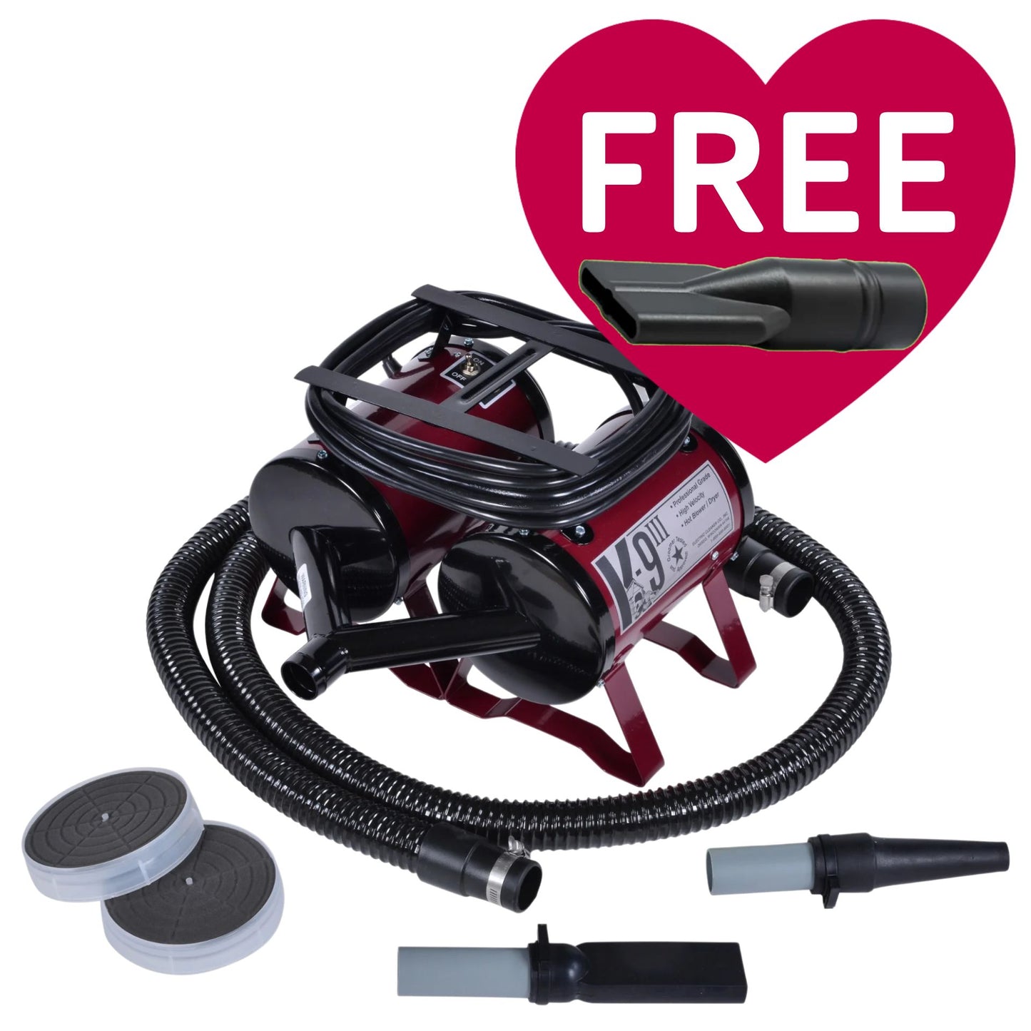 K-9 III Dog Dryer With FREE Water Peeler,"Dog dryer with hose, nozzles, foot pedals, and water peeler"