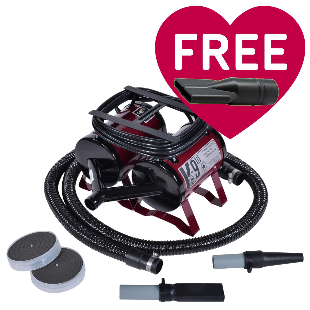 K-9 III Dog Dryer With FREE Water Peeler,"Dog dryer with hose, nozzles, foot pedals, and water peeler"