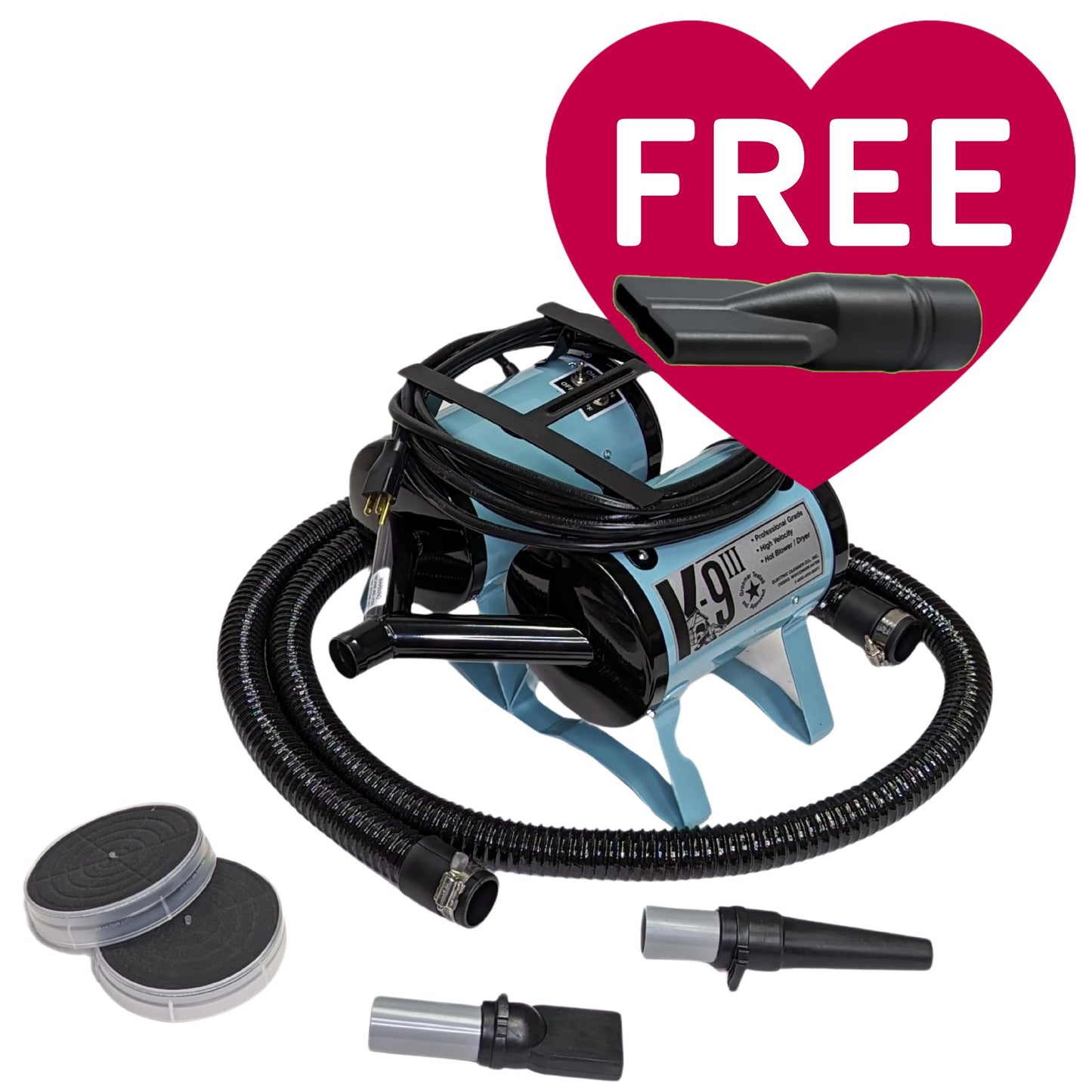 K-9 III Dog Dryer With FREE Water Peeler,"Blue dog dryer with hose, nozzles, and water peeler attachment"
