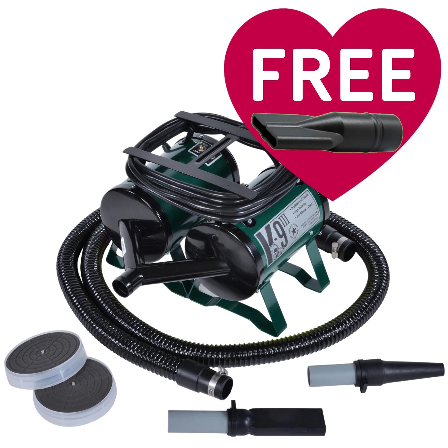 K-9 III Dog Dryer With FREE Water Peeler,"Green dog dryer with hose, nozzles, foot pedals, and water peeler"