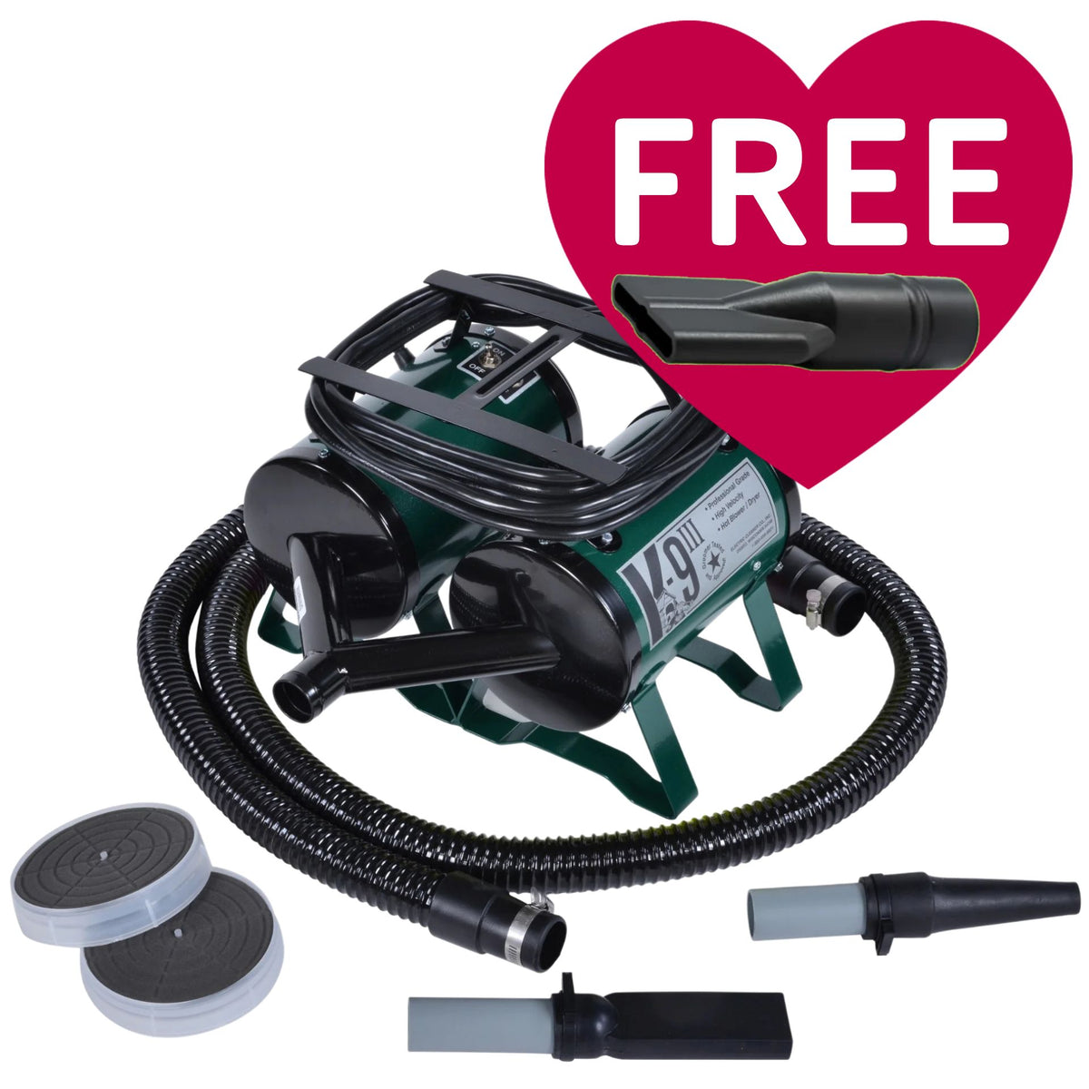 K-9 III Dog Dryer With FREE Water Peeler,"Green dog dryer with hose, nozzles, foot pedals, and water peeler"