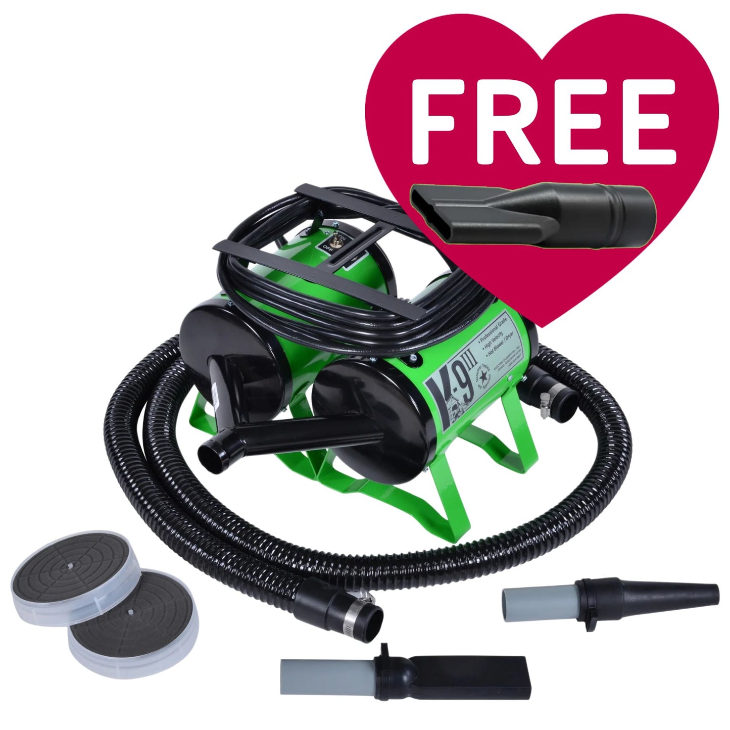 K-9 III Dog Dryer With FREE Water Peeler,"Green dryer with black hoses, nozzles, and round filter inserts"