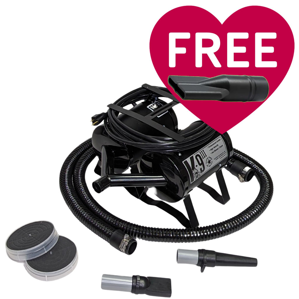 K-9 III Dog Dryer With FREE Water Peeler,"Black dog dryer with hose, nozzles, and water peeler attachment"