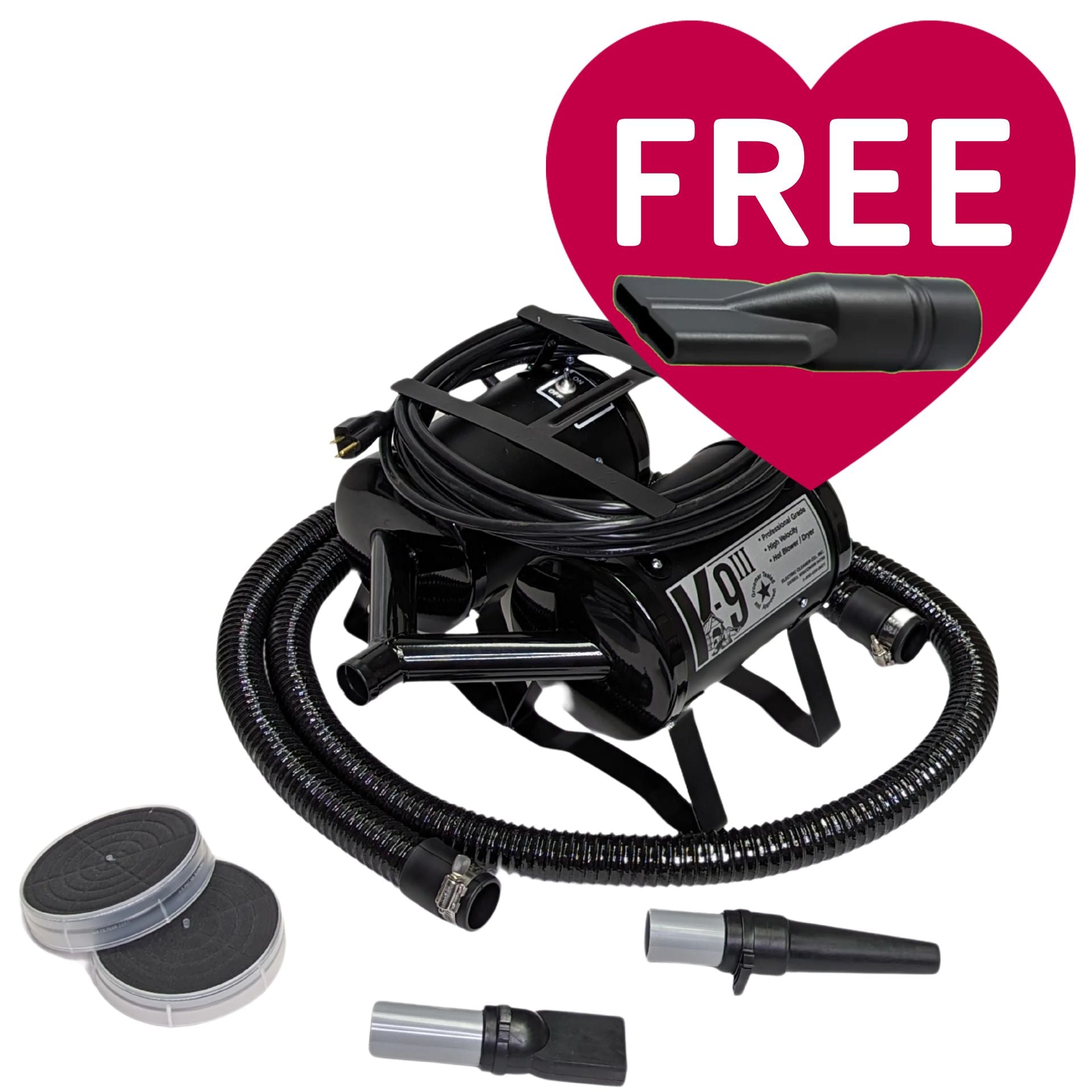 K-9 III Dog Dryer With FREE Water Peeler,"Black dog dryer with hose, nozzles, and water peeler attachment"