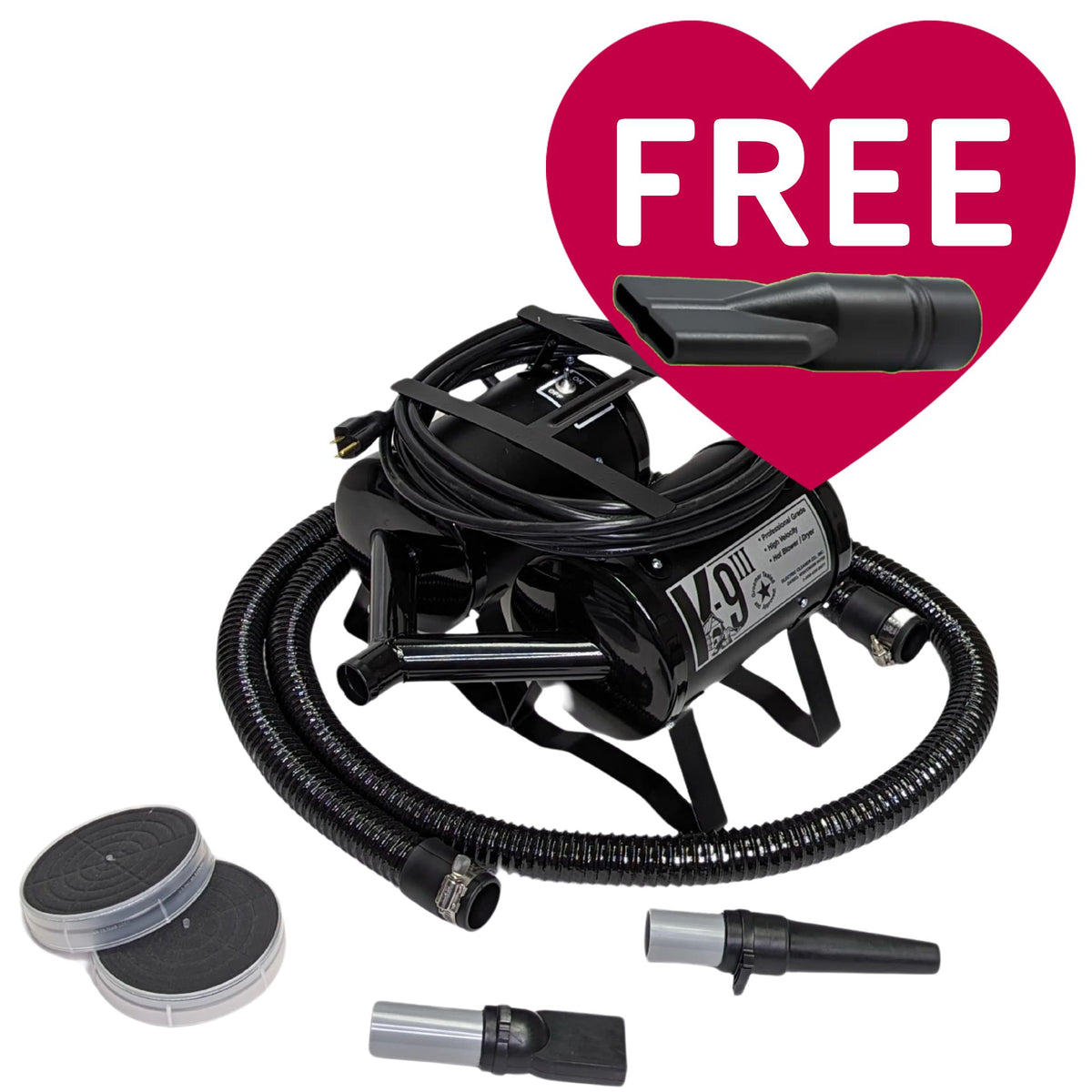 K-9 III Dog Dryer With FREE Water Peeler,"Black dog dryer with hose, nozzles, and water peeler attachment"