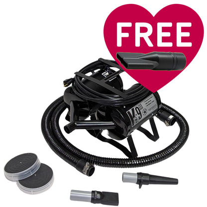 K-9 III Dog Dryer With FREE Water Peeler,"Black dog dryer with hose, nozzles, and water peeler attachment"