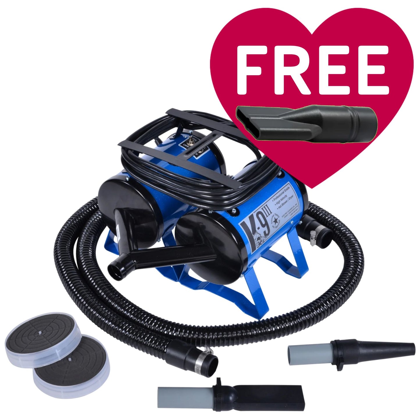 K-9 III Dog Dryer With FREE Water Peeler,"Blue dog dryer with hose, nozzles, and water peeler attachment"