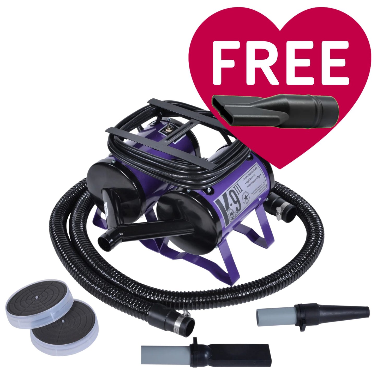 K-9 III Dog Dryer With FREE Water Peeler,"Purple dog dryer with hose, nozzles, and water peeler attachment"