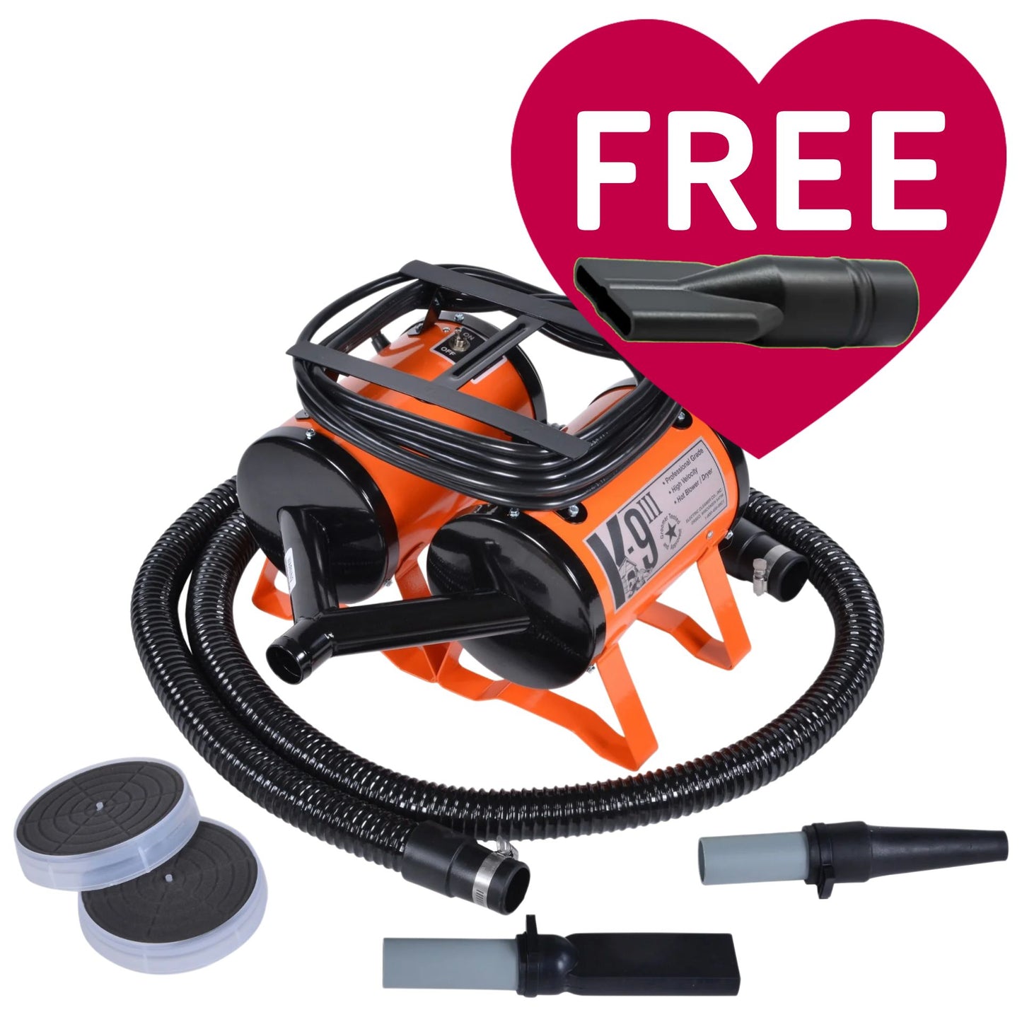 K-9 III Dog Dryer With FREE Water Peeler,"Orange dog dryer with hose, nozzles, and water peeler attachment"