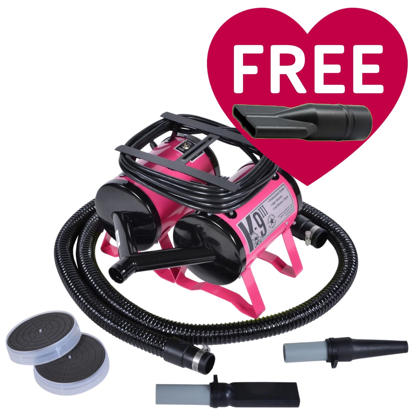 K-9 III Dog Dryer With FREE Water Peeler,"Pink dog dryer with black hose and nozzle attachments"