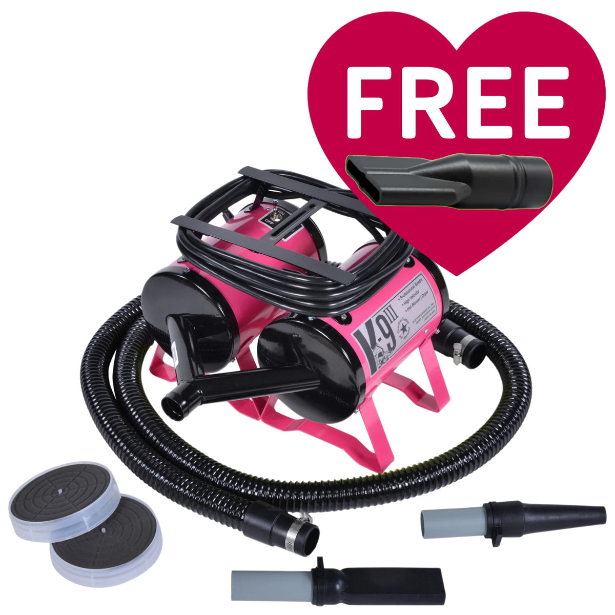 K-9 III Dog Dryer With FREE Water Peeler,"Pink dog dryer with black hose and nozzle attachments"