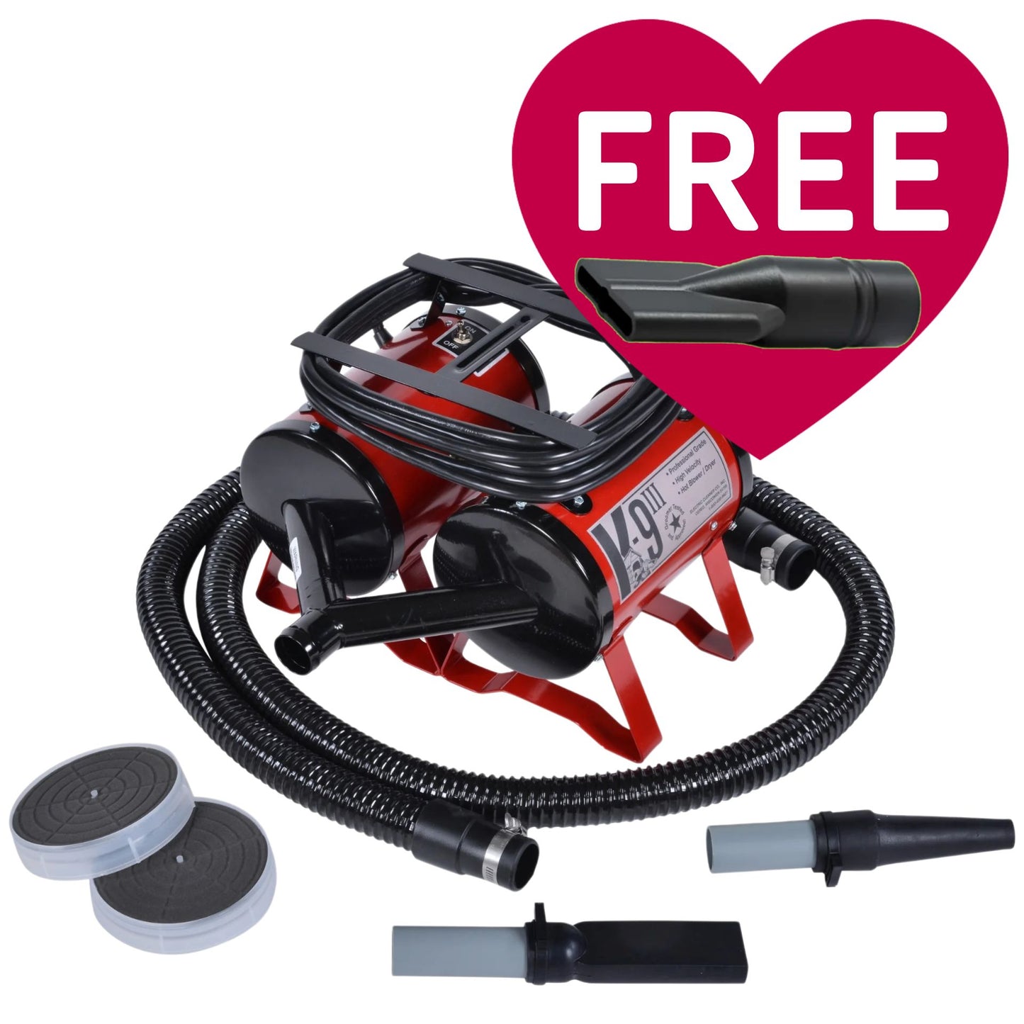 K-9 III Dog Dryer With FREE Water Peeler,"Red dog dryer with black hose, nozzles, and attachment"
