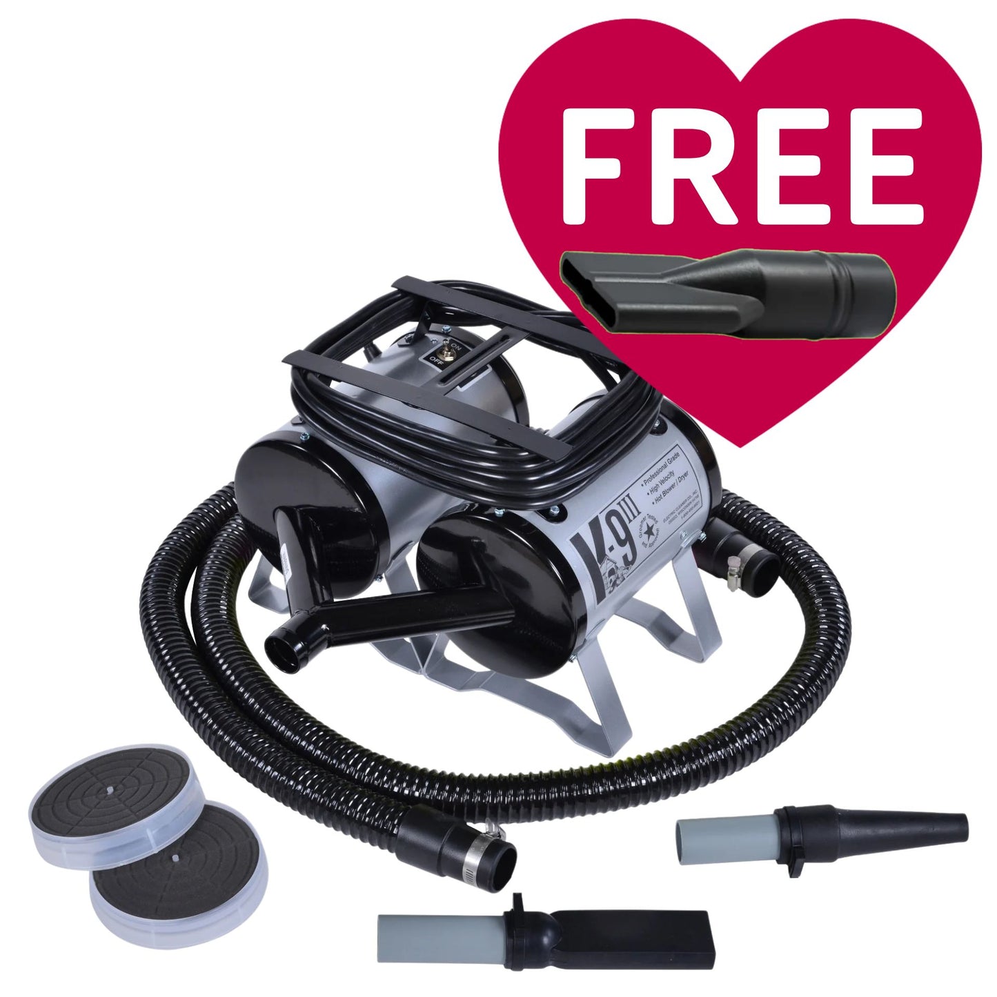 K-9 III Dog Dryer With FREE Water Peeler,"Dog dryer with hose, nozzles, filters, and water peeler attachment"
