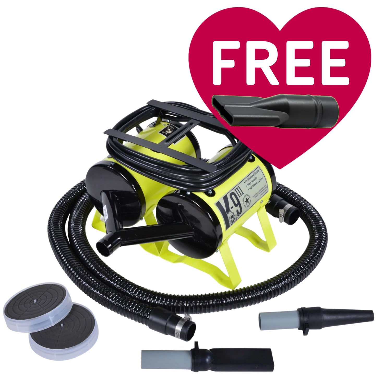 K-9 III Dog Dryer With FREE Water Peeler,"Yellow dog dryer with hose, nozzles, and water peeler attachment"