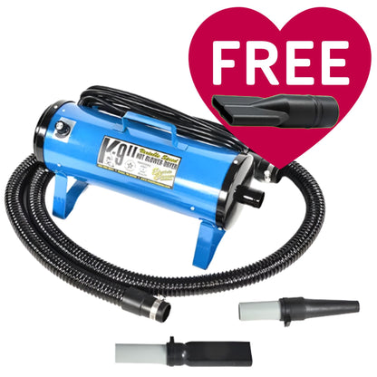 K-9 II Variable Speed Dog Dryer With FREE Water Peeler,"Blue dog dryer with hose and two nozzle attachments"
