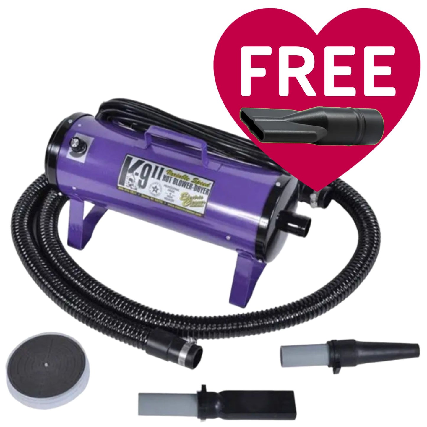 K-9 II Variable Speed Dog Dryer With FREE Water Peeler,"Purple dog dryer with hose and accessory nozzles"