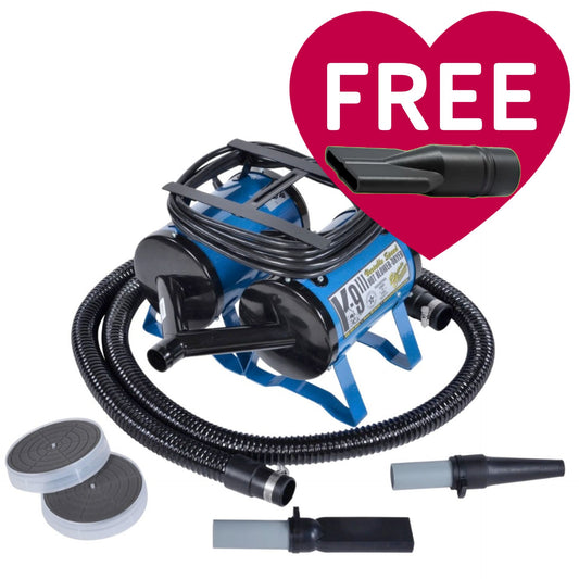 K-9 III Variable Speed Dog Dryer With FREE Water Peeler,"Blue dog dryer with hose, nozzles, and two round filters"