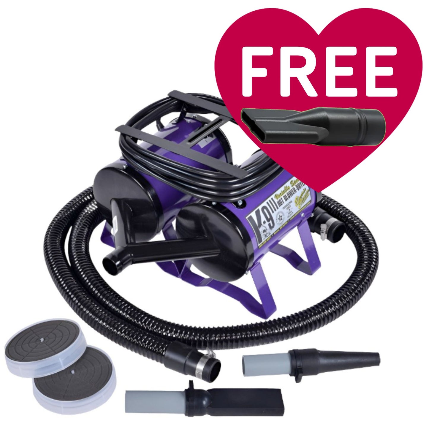 K-9 III Variable Speed Dog Dryer With FREE Water Peeler,"Purple dog dryer with hose, nozzles, and water peeler attachment"
