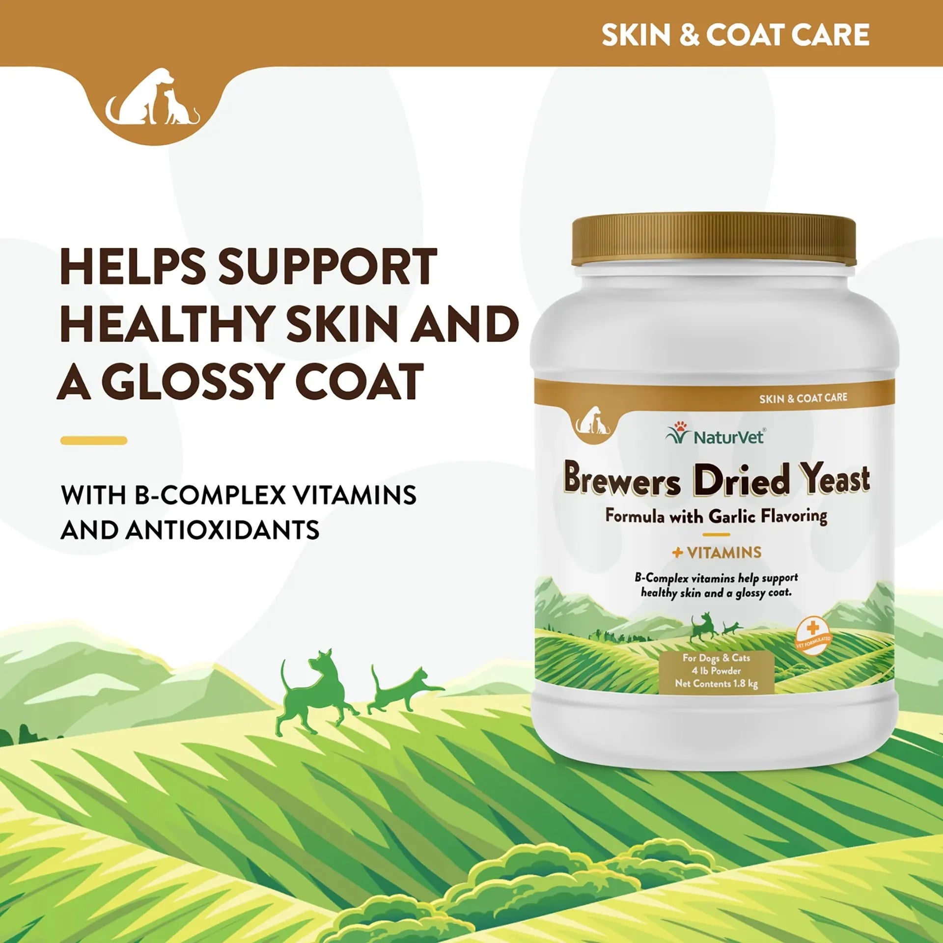 Brewers Dried Yeast Formula with Garlic Flavoring,"White supplement jar with gold lid and landscape label"