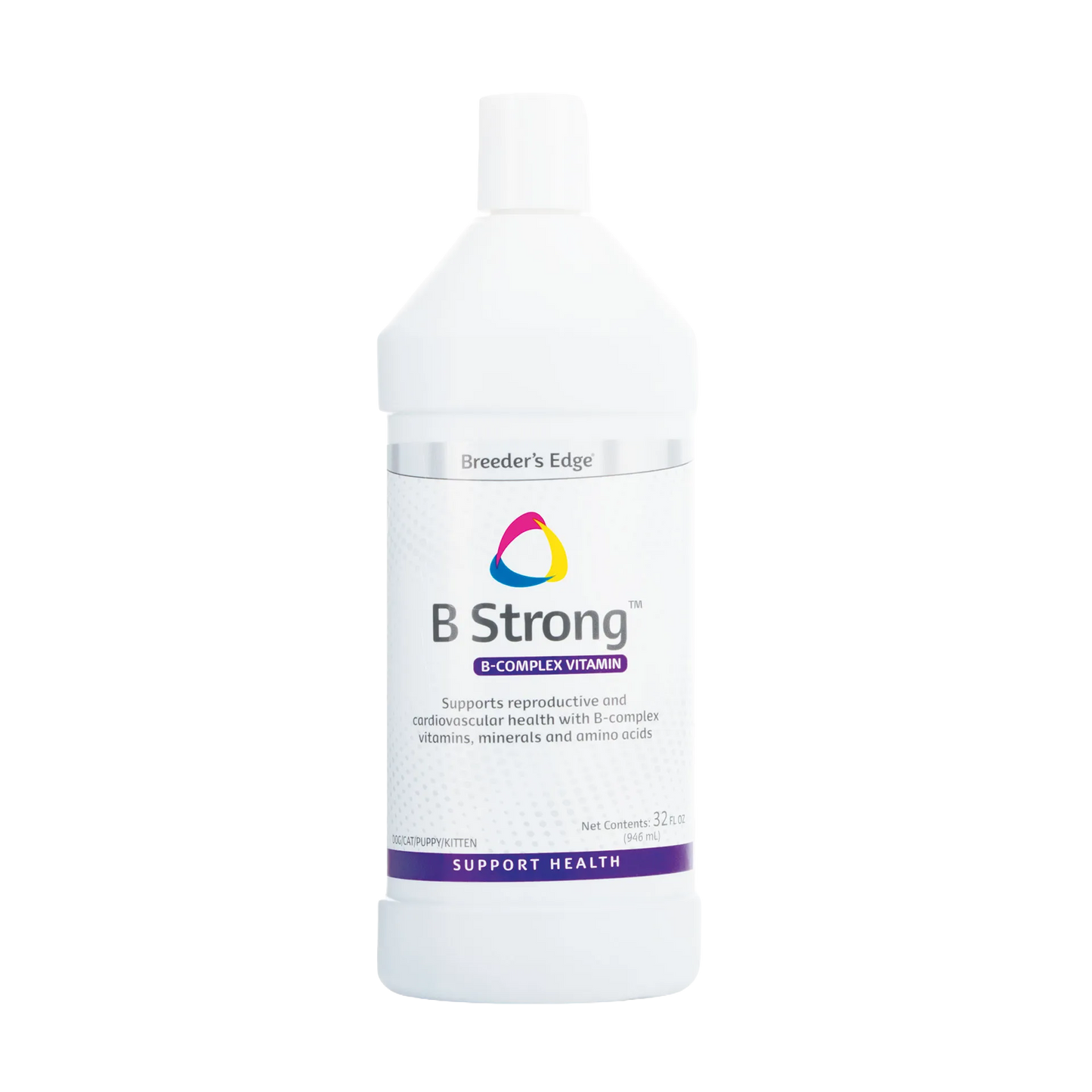 Breeder's Edge® B Strong™,"White supplement bottle with screw cap and front label"
