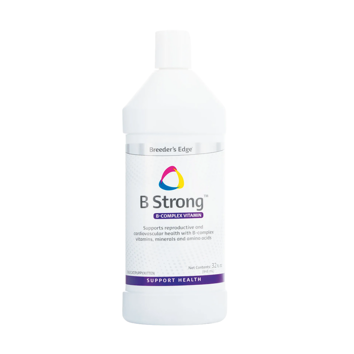 Breeder's Edge® B Strong™,"White supplement bottle with screw cap and front label"