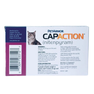 CapAction®,"Front view of pet medication box with cat image"