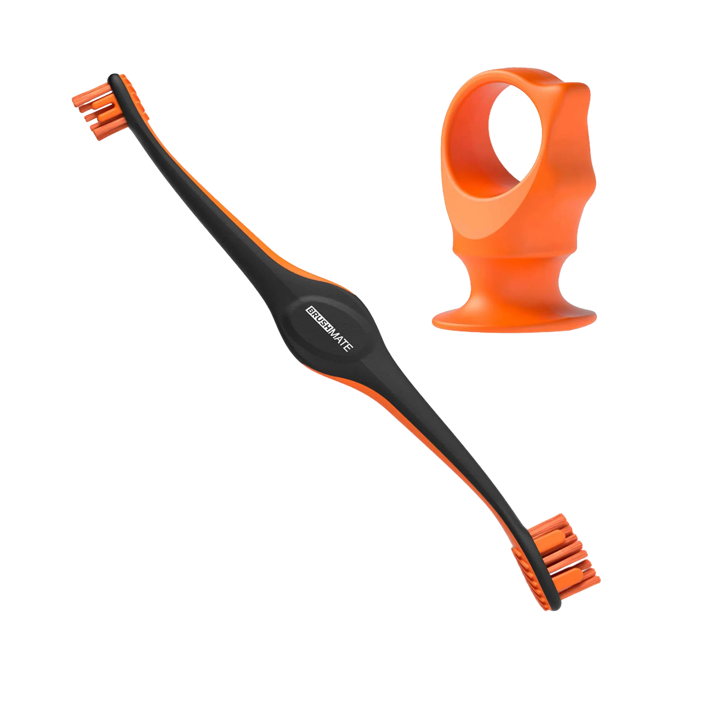BrushMate Premium Toothbrush with Biteblock,"Black and orange double-ended toothbrush with orange bite block"