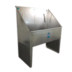 Standard Stainless Steel Bathing Tub,"Angled view of stainless steel tub with black legs"