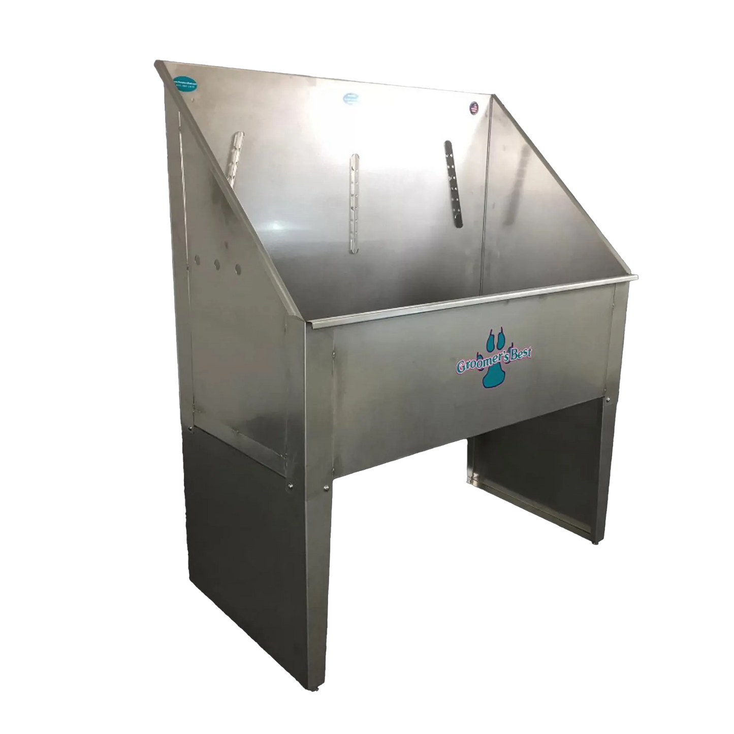 Standard Stainless Steel Bathing Tub,"Angled view of stainless steel tub with black legs"