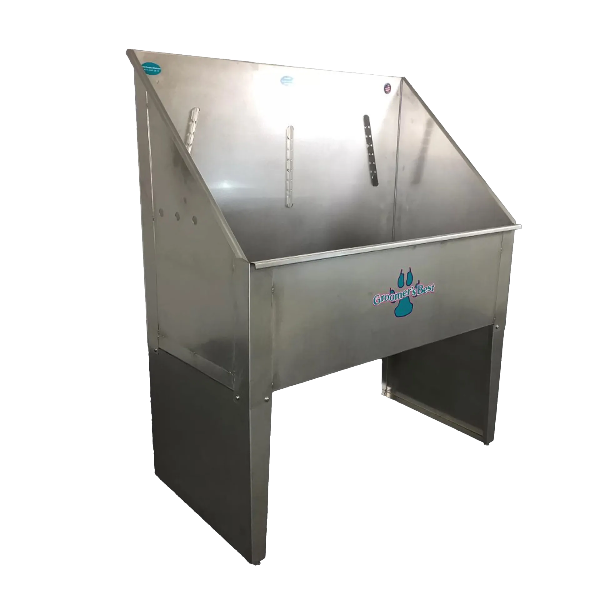 Standard Stainless Steel Bathing Tub,"Angled view of stainless steel tub with black legs"