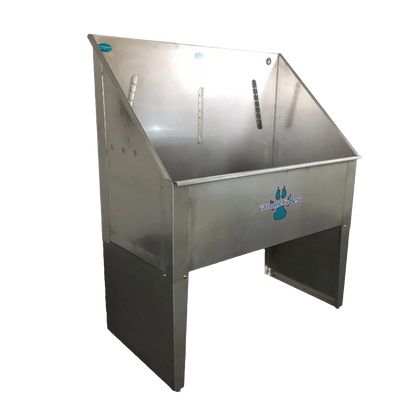 Standard Stainless Steel Bathing Tub,"Angled view of stainless steel tub with black legs"