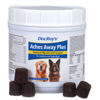 Doc Roy's® Aches Away Plus™,"White supplement tub with brown soft chews in front"