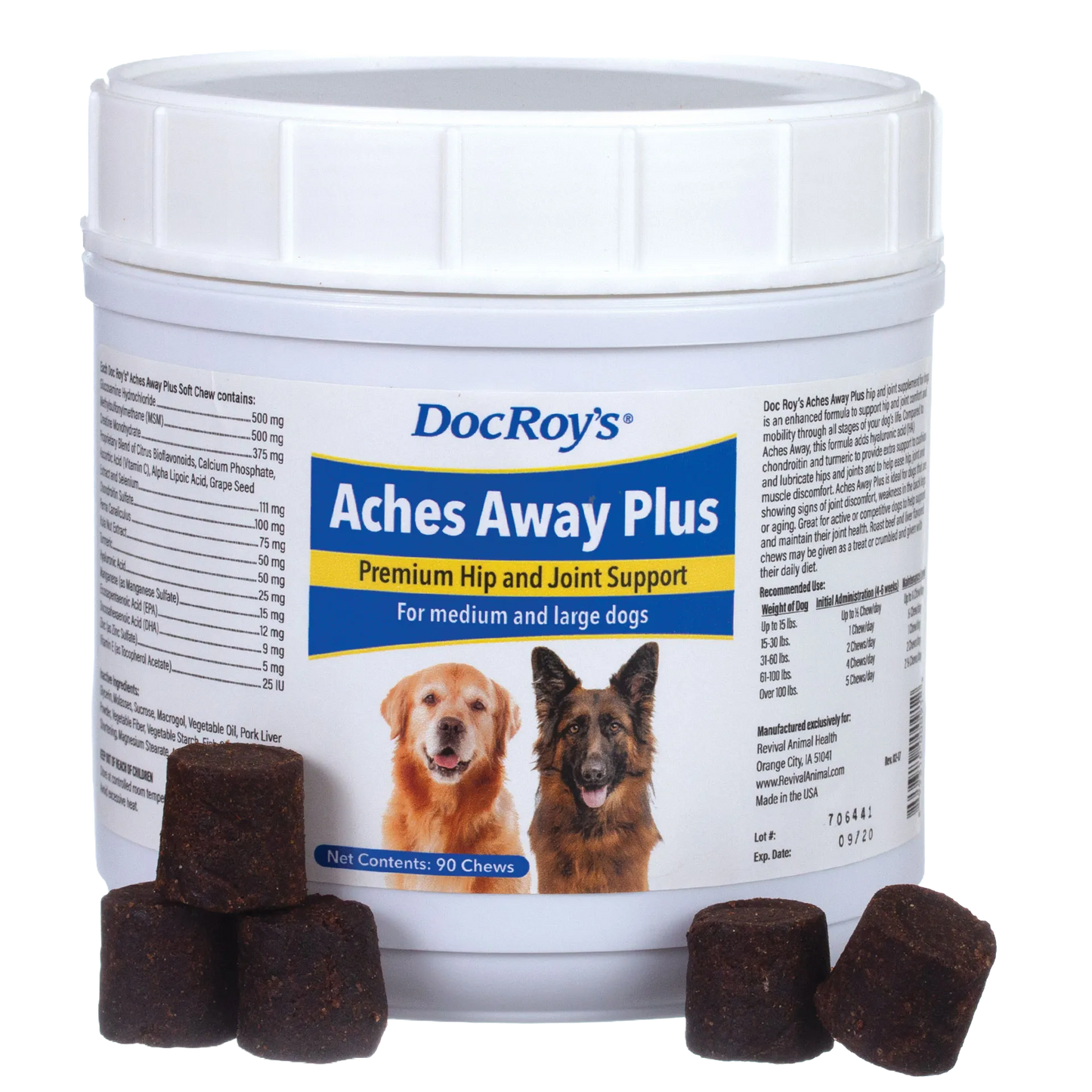 Doc Roy's® Aches Away Plus™,"White supplement tub with brown soft chews in front"