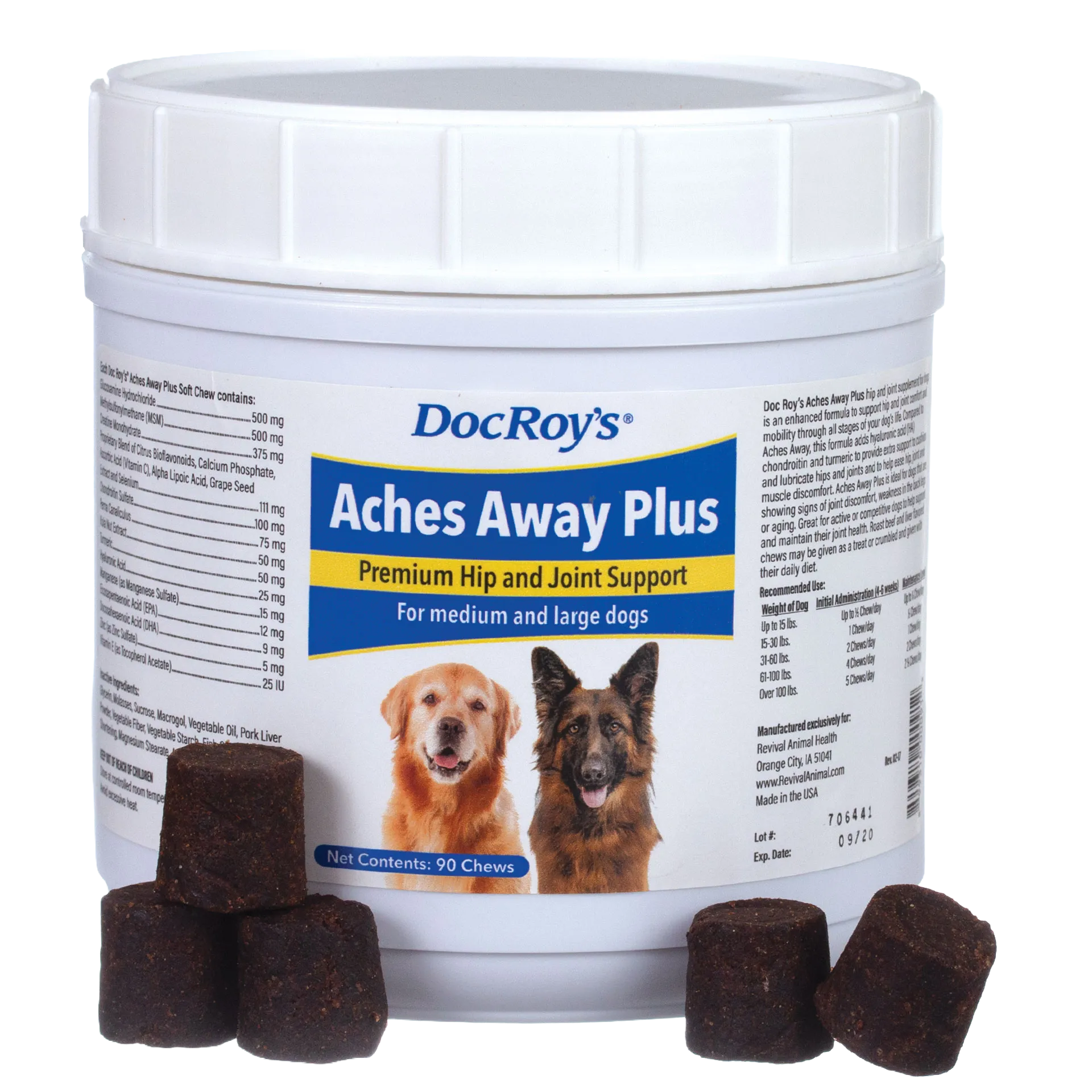 Doc Roy's® Aches Away Plus™,"White supplement tub with brown soft chews in front"