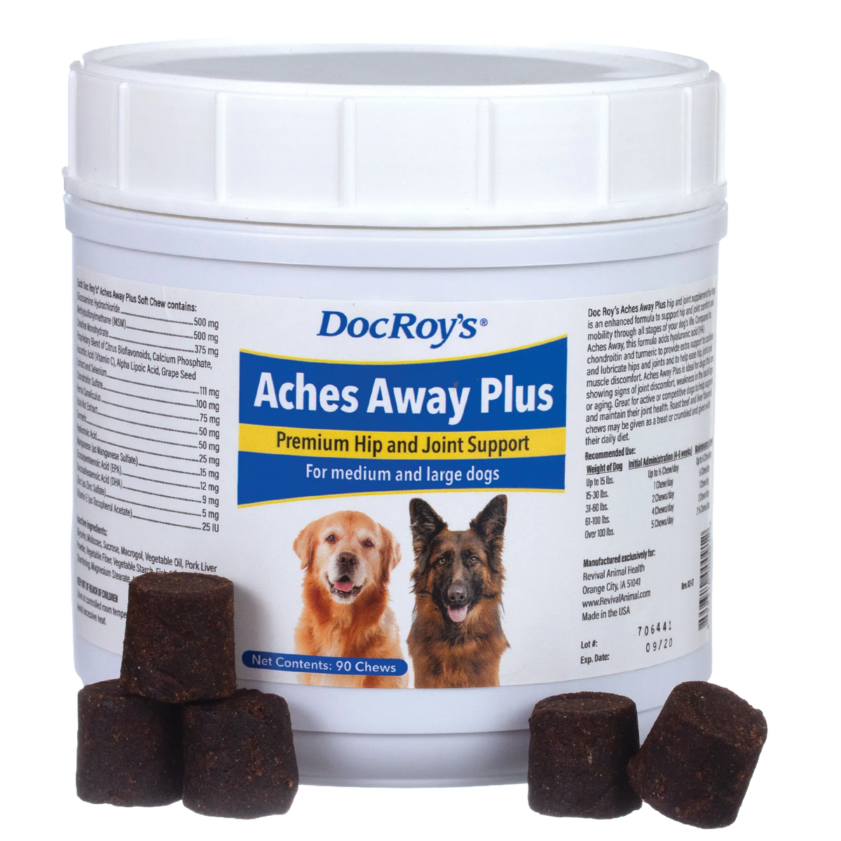Doc Roy's® Aches Away Plus™,"White supplement tub with brown soft chews in front"