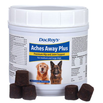 Doc Roy's® Aches Away Plus™,"White supplement tub with brown soft chews in front"