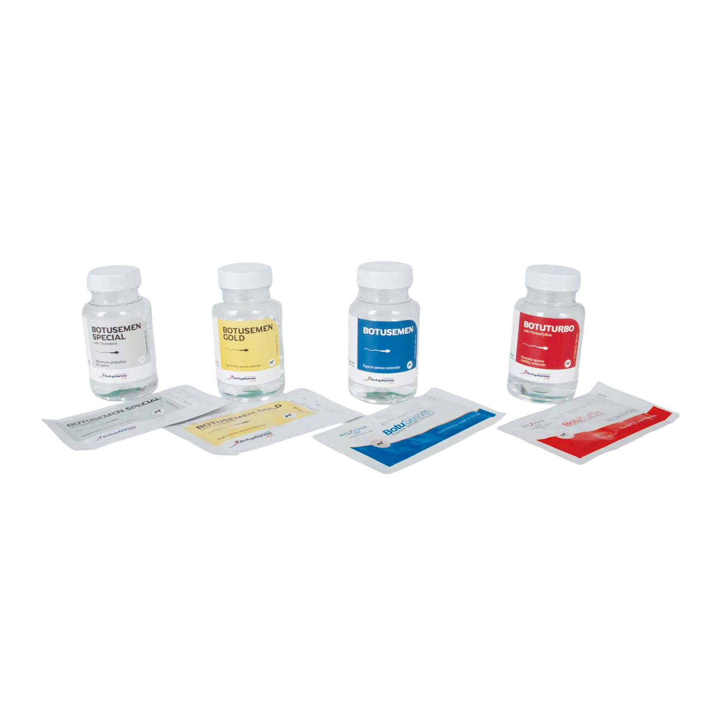Botu Test Kit,"Four small bottles with white caps and foil packets"