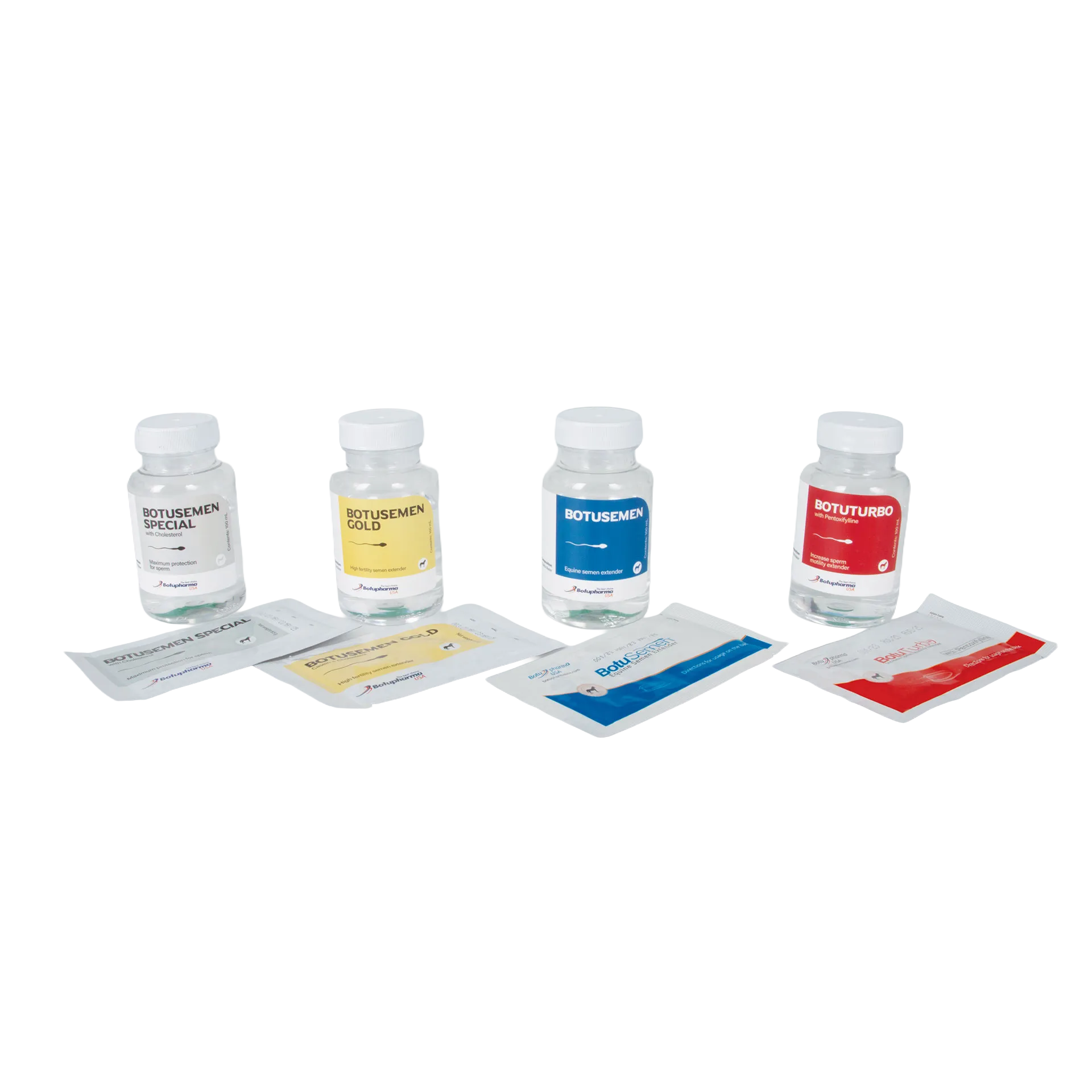 Botu Test Kit,"Four small bottles with white caps and foil packets"