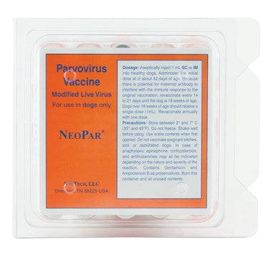"NeoPar® Parvo Vaccine for Dogs, 25x1 dose","Orange vaccine tray pack with clear plastic cover"