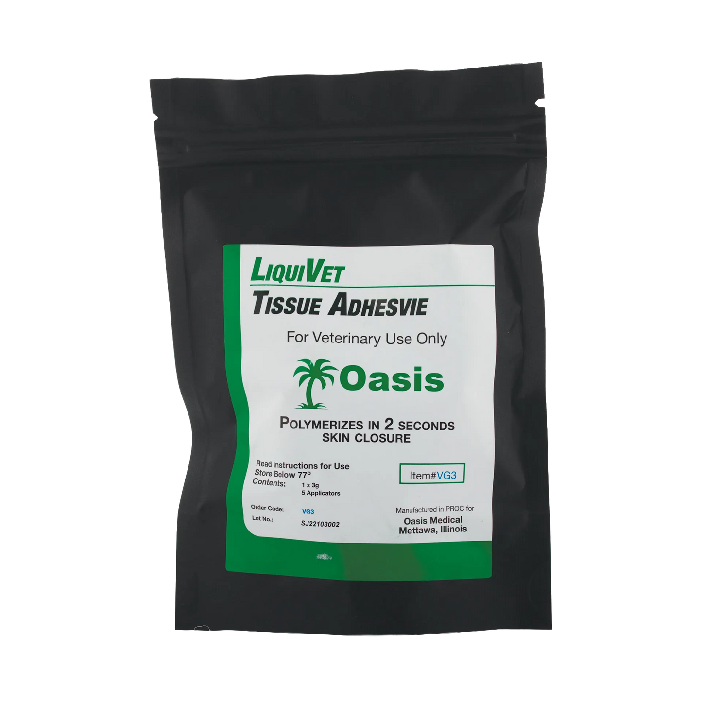 LiquiVet Rapid Tissue Adhesive,"Black resealable pouch with white and green front label"