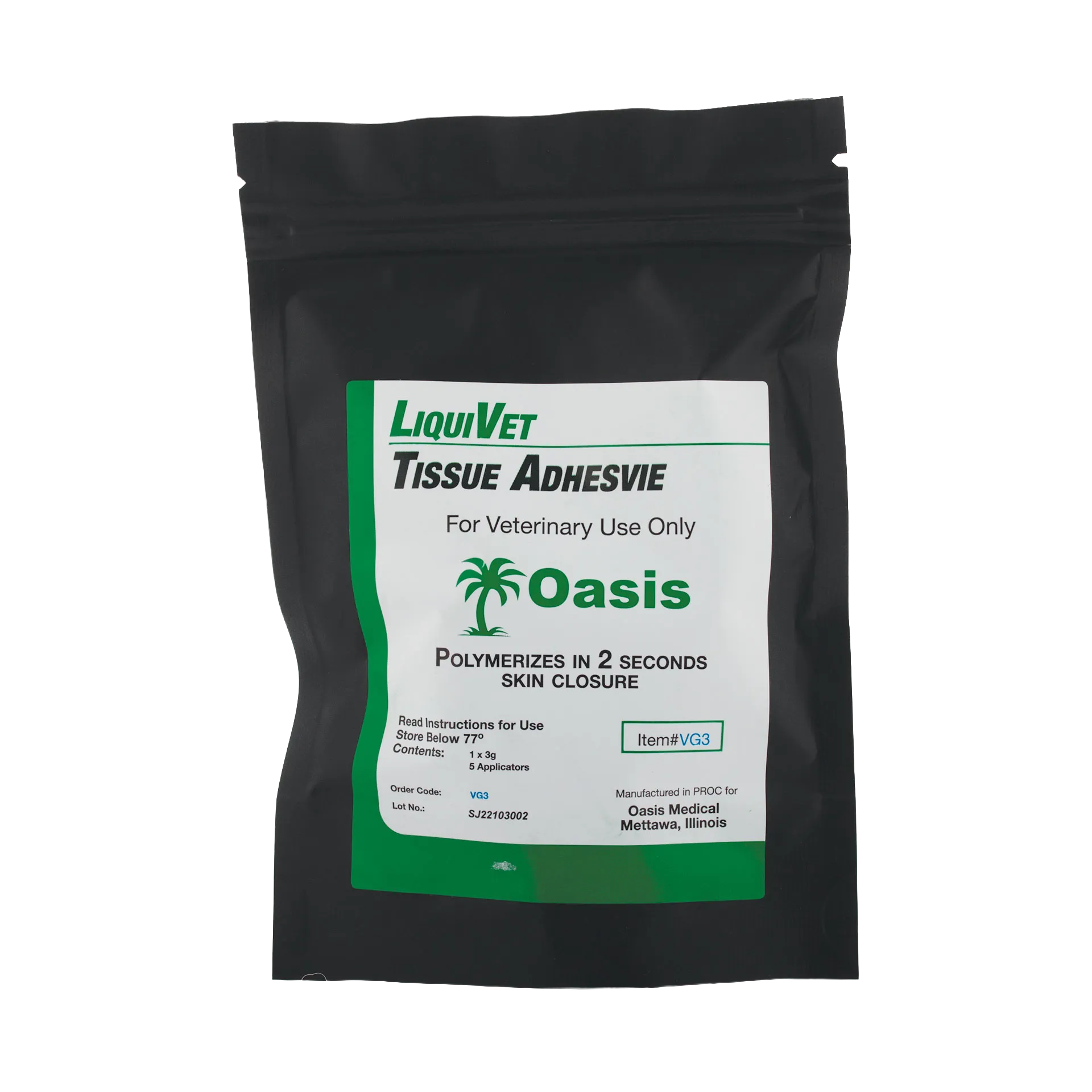 LiquiVet Rapid Tissue Adhesive,"Black resealable pouch with white and green front label"