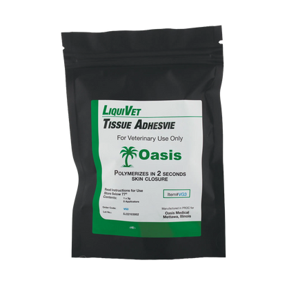 LiquiVet Rapid Tissue Adhesive,"Black resealable pouch with white and green front label"