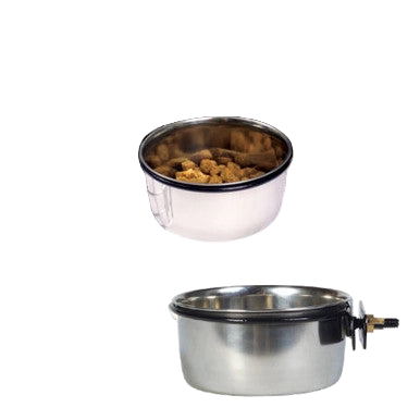 Coop Cups with Bolt Clamp,"Two metal coop cups, one filled and one side view with clamp"