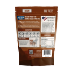 Trail Snacks: Freeze-Dried Raw Dog Treats,"Back view of brown resealable treat pouch with barcode and ingredient panel"
