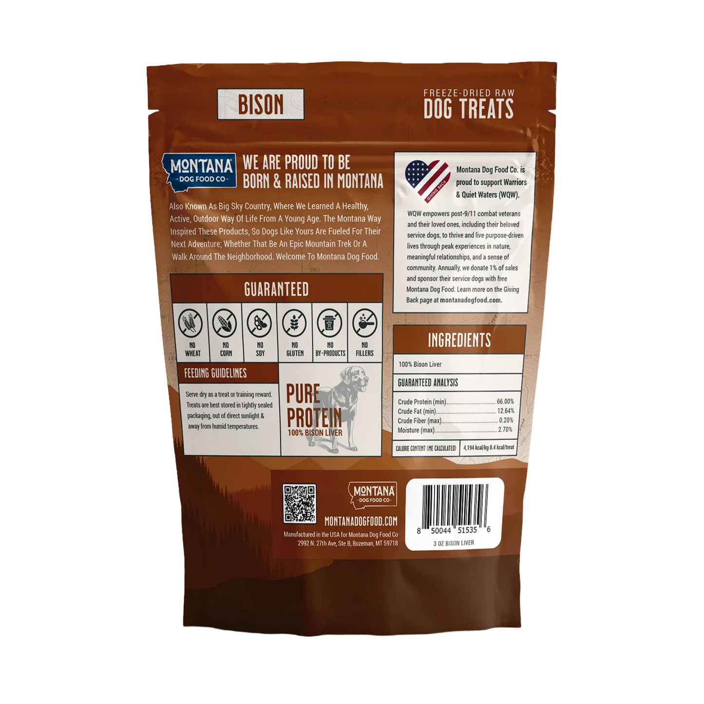 Trail Snacks: Freeze-Dried Raw Dog Treats,"Back view of brown resealable treat pouch with barcode and ingredient panel"