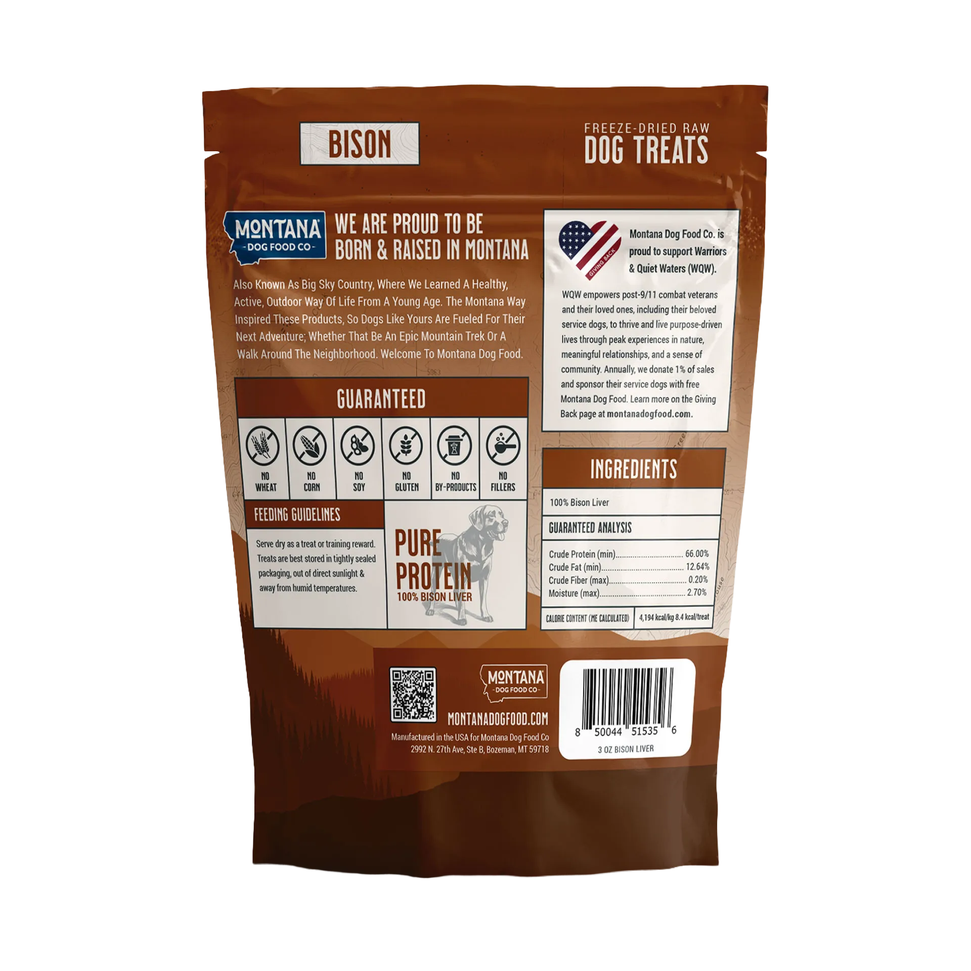 Trail Snacks: Freeze-Dried Raw Dog Treats,"Back view of brown resealable treat pouch with barcode and ingredient panel"